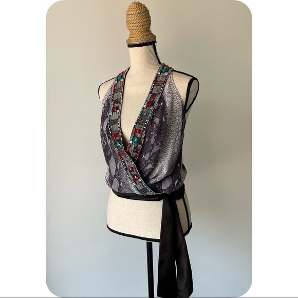 BEBE Silk Beaded Snake Printed Top - Picture 2 of 16